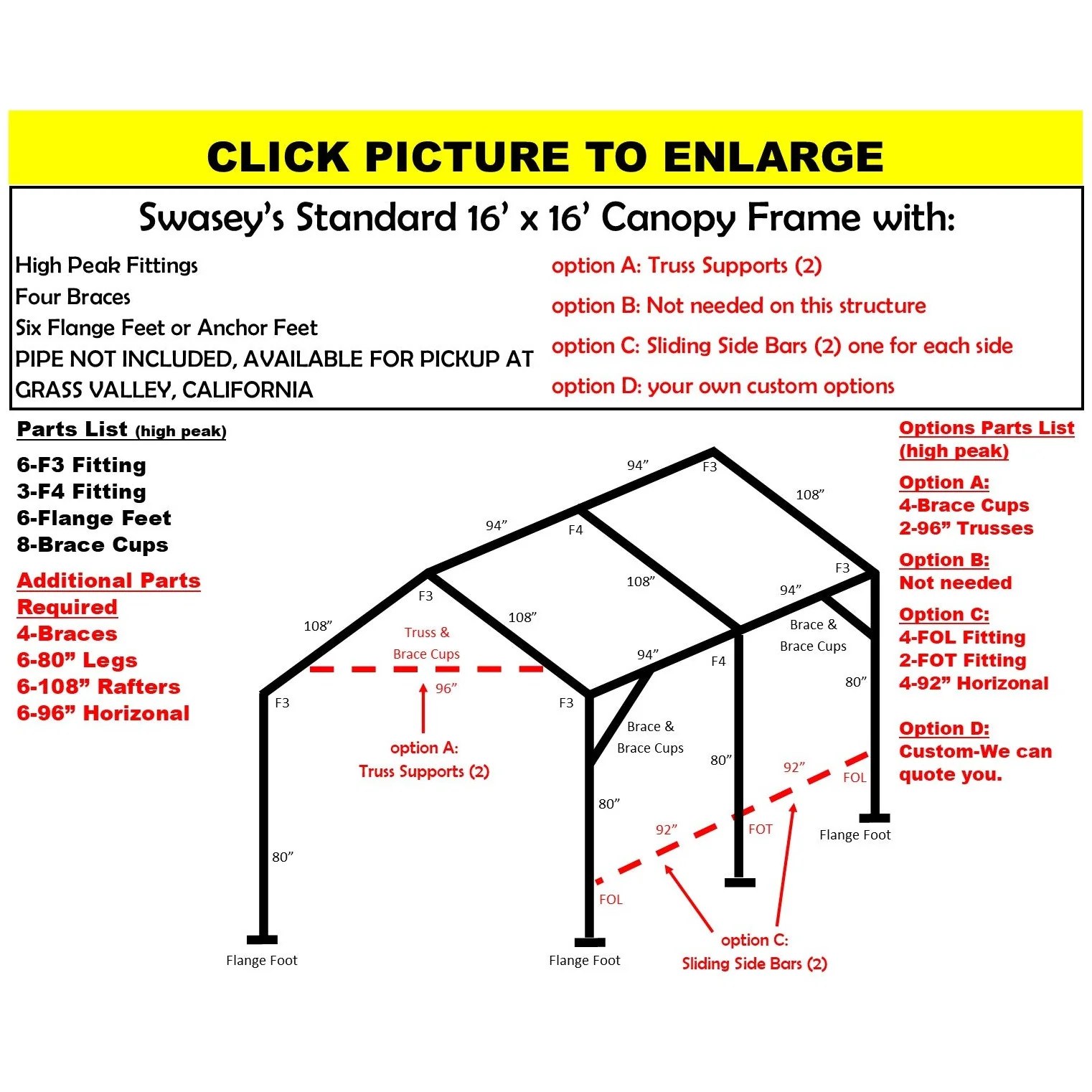 16 X 16 X 1-3/8" CANOPY FRAME PARTS, INCLUDES EVERYTHING EXCEPT PIPE