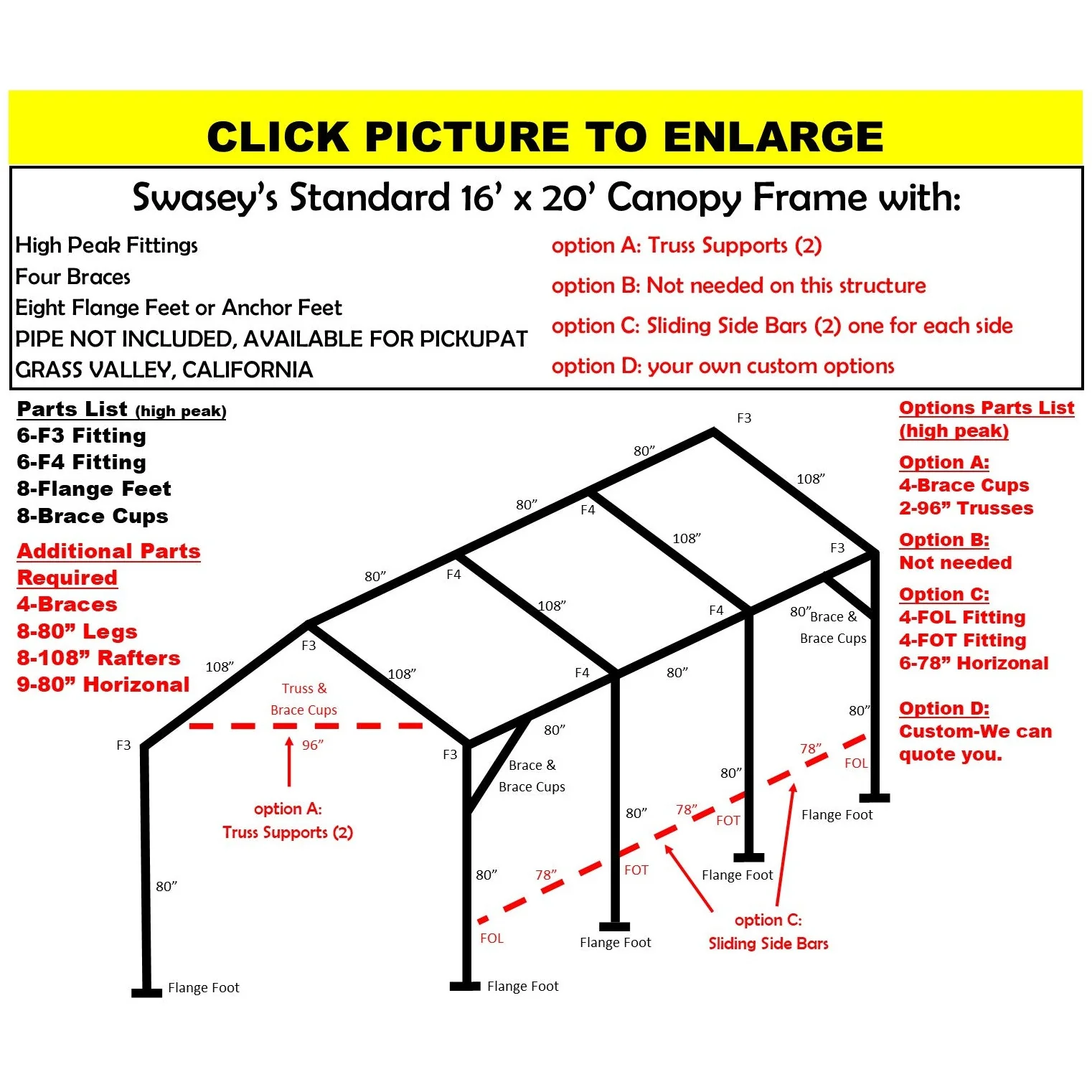 16 X 20 X 1-3/8" CANOPY FRAME PARTS, INCLUDES EVERYTHING EXCEPT PIPE